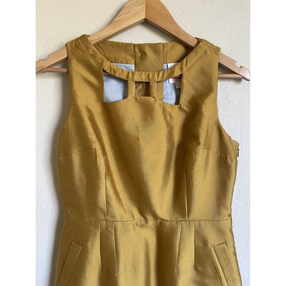ANTHROPOLOGIE Maeve Chardonnay Sheen Dress 8 Cutout Silk Wool Blend Sleeveless Y - Picture 3 of 12